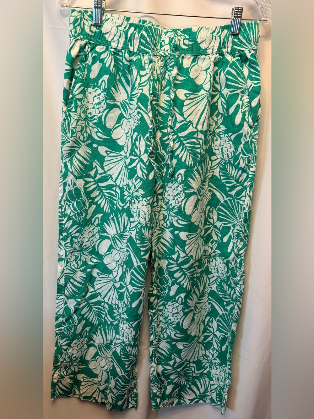 Nicole Miller Women’s Medium 100% Linen Green Floral Crop Wide Leg Pants Pull On